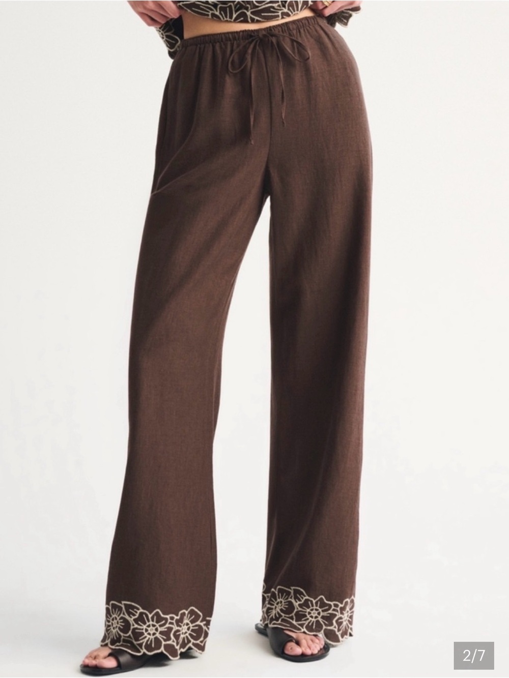 Abercrombie & Fitch Linen Blend Rich Brown Wide Leg Embroidered Pants Size M NWT